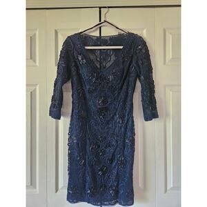 SUE WONG 3/4 Sleeve V-Neck Embellished Dress, Navy Tonal, Women's 6 NWT